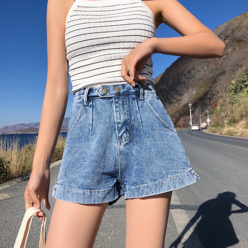 实拍6277#高腰阔腿牛仔短裤女春装新款宽松百搭学生休闲热裤