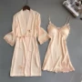 Sexy thêu cám dỗ đồ ngủ nữ mùa hè dây đeo nightdress áo choàng hai mảnh phù hợp với với ngực pad băng lụa dịch vụ nhà mùa đông đồ bộ pijama