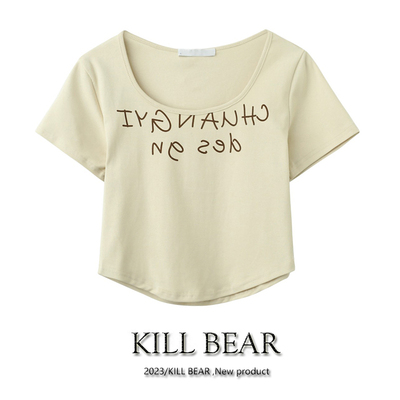 taobao agent Kill bear summer new BM Feng Sweet Short Letter Printing U -collar short -sleeved T -shirt top small