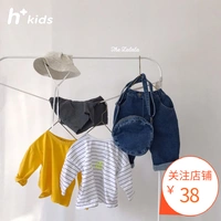 Hkids Korea South Gate Quần áo nam nữ sọc dài thêu áo thun dài tay 2019 xuân hè siêu mềm - Áo thun ao thun dai tay be gai