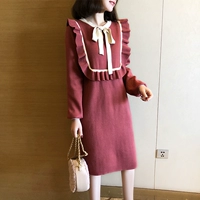 Свитер, милое трикотажное платье с бантиком, 2019, в корейском стиле, свободный крой