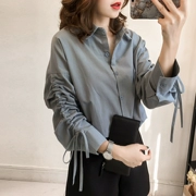 Mùa thu 2018 mới của phụ nữ Han Fan áo sơ mi dài tay nữ mỏng nhẹ giản dị chạm đáy áo sơ mi thủy triều cỡ lớn - Áo sơ mi dài tay
