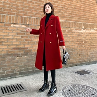 Красный цветной элитный двусторонний длинный кашемир, зимний костюм, пальто, средней длины, 2023, в британском стиле