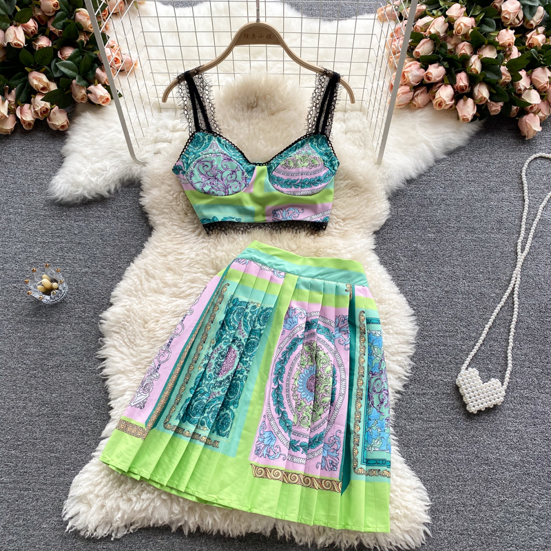 Light GreenEurope and America ins Holiday style suit female summer wear have cash less than that is registered in the accounts camisole vest Sense of design printing skirt Two piece set tide