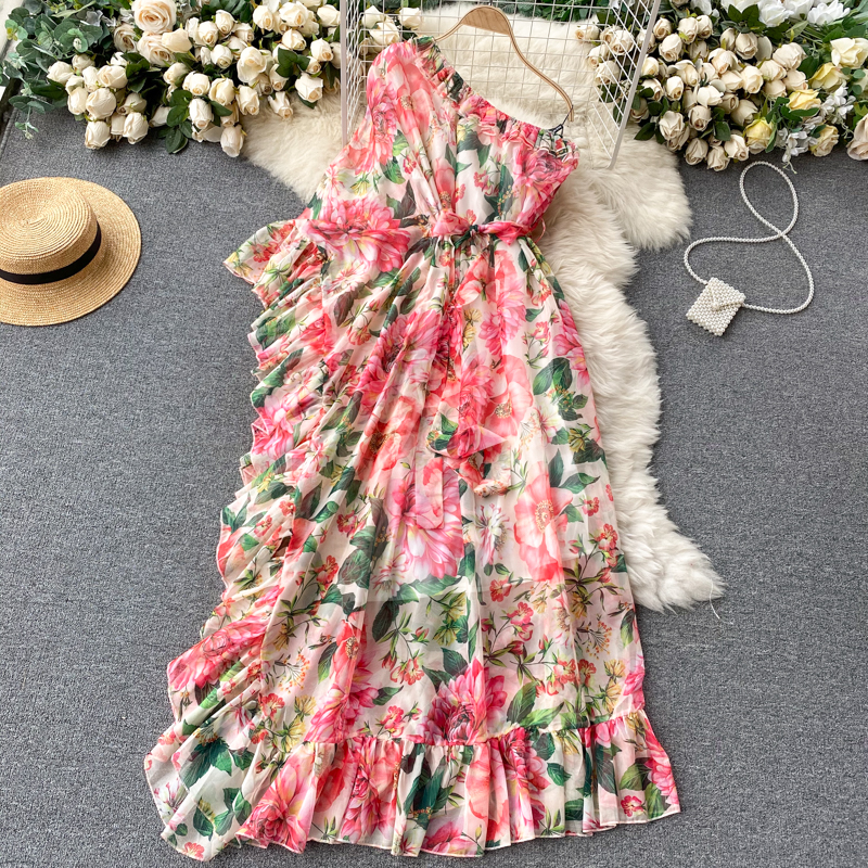 PinkEurope and America chic Broken flower Dress Scheming Slant collar One shoulder Elegant Smart Ruffles fairy temperament on vacation skirt