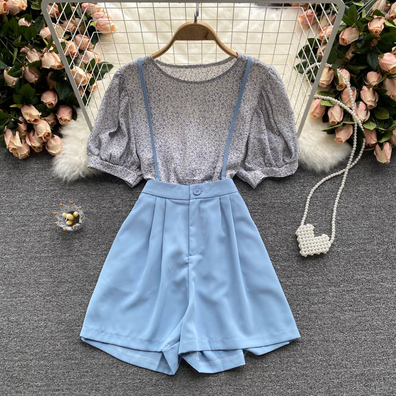 BlueAge reduction suit female summer wear Sweet Broken flower Chiffon jacket female Versatile camisole Jumpsuits Broad legs shorts Two piece set