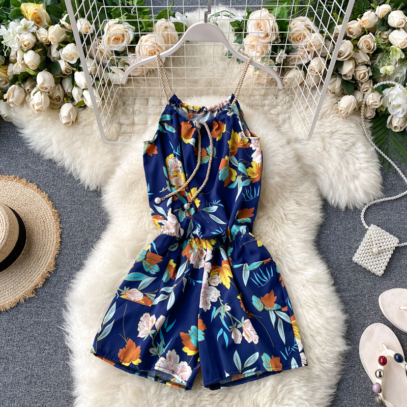 Navy BlueBohemia seaside Holiday style Jumpsuits female Minority Sense of design halter  camisole printing Broad legs shorts summer wear