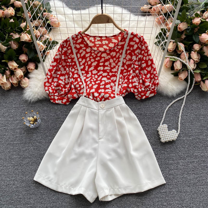 BaidahongAge reduction suit female summer wear Sweet Broken flower Chiffon jacket female Versatile camisole Jumpsuits Broad legs shorts Two piece set