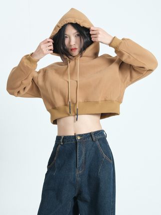 SIK韓国版ハイウエスト露臍ショート丈加絨連帽衛衣ゆったりヘッダー長袖厚手上着女性秋の新モデル