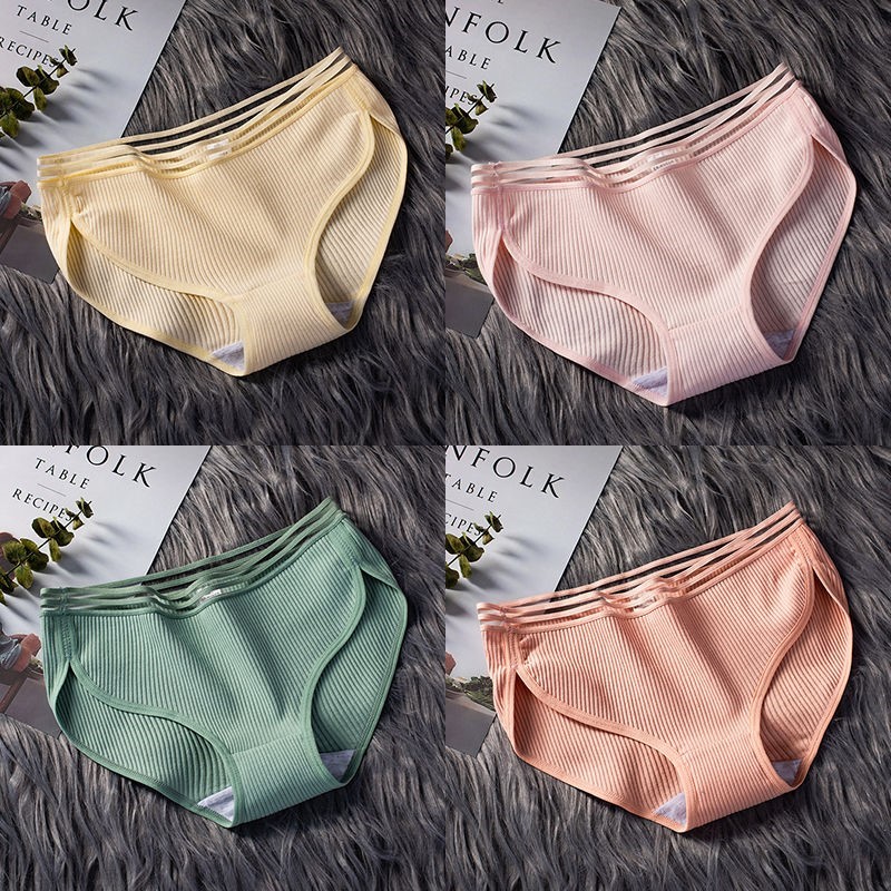 040 Light Yellow + Pink + Bean Green + Bean Red2 strip / 3 strip ma'am underpants female pure cotton solar system Korean version Cotton girl student middle-waisted girl student Lace Briefs