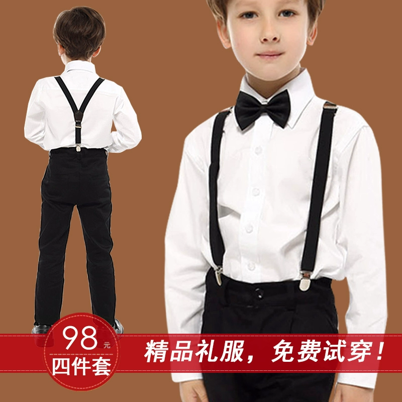 Trẻ em ăn mặc nam chủ nhà học sinh tiểu học cotton trắng áo đen quần phù hợp với cậu bé dây đeo quần trang phục - Váy trẻ em