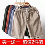 Quần short cotton và vải lanh nam giản dị cỡ lớn năm quần mùa hè quần mỏng phần rộng Trung Quốc phong cách quần lớn - Quần bãi biển