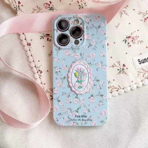 Unique Girls Phone Cases Covers New Embroidered Pink Rose Chic Stylish Canvas Fabric Handmade iPhone 15, iPhone 14, iPhone 13, iPhone 12, iPhone 11