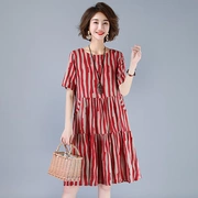 Mùa hè 2019 mới của phụ nữ Váy chữ A phiên bản Hàn Quốc của thời trang cổ tròn in lỏng trong phần dài của váy cotton và vải lanh nữ - A-Line Váy