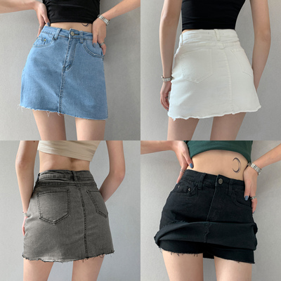 taobao agent Elastic denim skirt, protective underware, mini-skirt, high waist, hip-accented, A-line