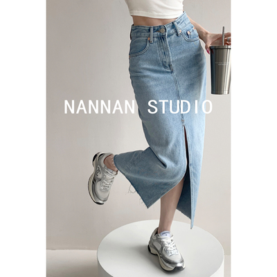 taobao agent Retro long denim skirt, high waist, mid-length, hip-accented