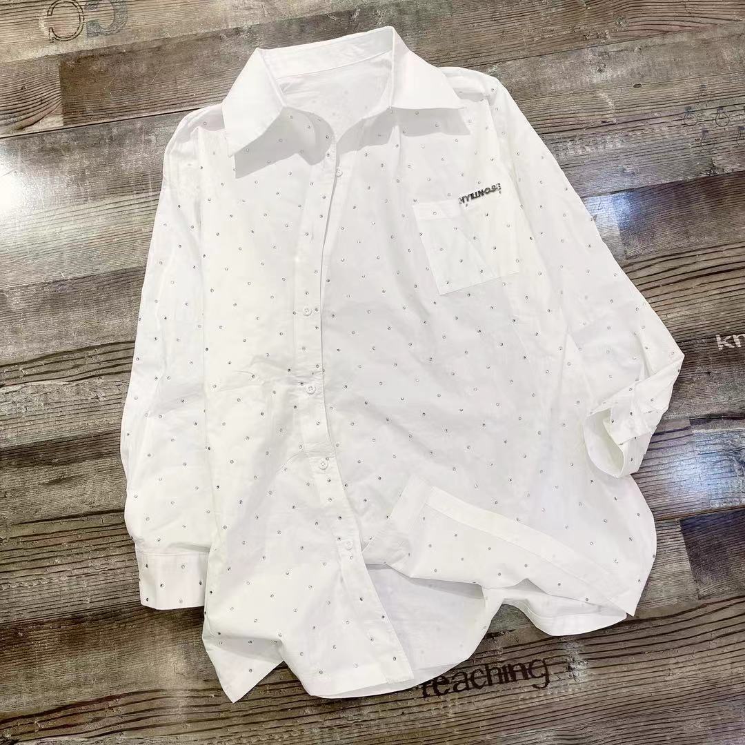 Whitethe republic of korea 2021 Spring and summer new pattern Lapel Bright diamond easy Big edition fashion Versatile Short sleeve T-shirt female tide