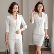 [Tang Shishi] Váy tay áo nữ chuyên nghiệp Váy đặt màu xanh trắng Bộ đồ sọc trắng Đồng phục công sở - Bộ đồ