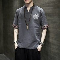 Ретро футболка с коротким рукавом, летняя одежда, китайский стиль, с вышивкой, большой размер, из хлопка и льна