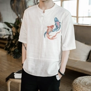 Phong cách trung quốc Tang phù hợp với Hanfu thêu cá linen t-shirt nam mùa hè Trung Quốc cotton ngắn tay thanh niên nằm trang phục dân tộc