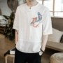 Phong cách trung quốc Tang phù hợp với Hanfu thêu cá linen t-shirt nam mùa hè Trung Quốc cotton ngắn tay thanh niên nằm trang phục dân tộc quốc phục 