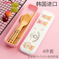 Розовый медведь коробочка+кукурузная палочками+ложка+вилка (4 комплекта