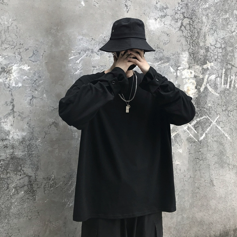 19ss Hàn Quốc theo xu hướng retro Phong cách Harajuku lỏng màu rắn lười đen chạm đáy áo thun dài tay nam nữ - Áo phông dài