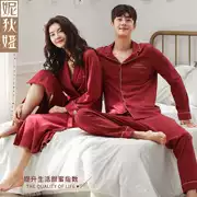 Cặp đôi đồ ngủ áo ngủ phụ nữ cotton dài tay màu đỏ đám cưới màu đỏ lễ hội áo len nam phục vụ nhà - Pyjama