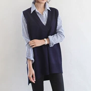 Mùa xuân và mùa thu Hàn Quốc phiên bản cỡ lớn xẻ rời phần dài cổ chữ V đan áo len áo len kéo vest