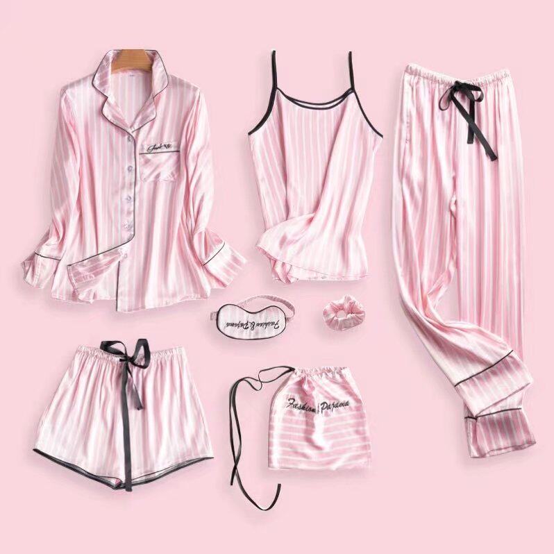 实拍1023睡衣女春秋七件套装性感条纹冰丝家居服宽松韩版薄款