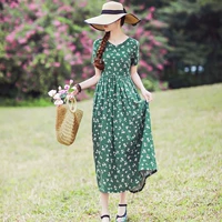 Phong cách quốc gia nữ 2019 hè mới retro cổ chữ V cỡ lớn cotton và váy hoa lanh váy lỏng - Váy dài váy jean dài