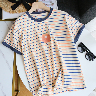 砖柜单~青春减龄！苹果条纹T恤女短袖内搭宽松夏韩版丝光棉半截袖