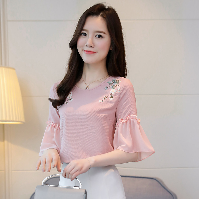 中袖t恤女宽松夏装新款女装纯棉韩版刺绣学生百搭雪纺衫上衣