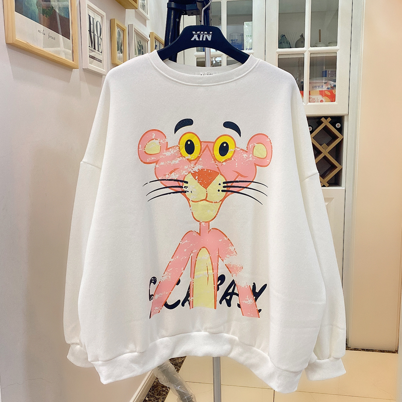 White2020 Autumn and winter new pattern Pink Leopard lovely Cartoon printing Plush thickening Age reduction easy Show thin student Sweater female