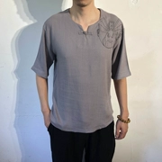 Retro nam phong cách Trung Quốc trà nghệ thuật thêu quần áo cotton ngắn tay áo thun Hanfu lỏng kích thước lớn Tang quần áo thun - Trang phục dân tộc
