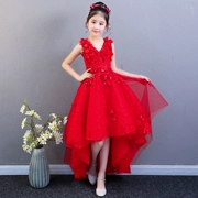 Cô gái váy công chúa váy hoa đỏ cô gái đám cưới trẻ em nhảy piano sàn catwalk chủ trang phục mùa hè