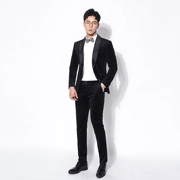 Bộ đồ vest nhung vàng đen Kawasawa hai mảnh 2019 phiên bản Hàn Quốc của bộ đồ tự trồng màu xanh lá cây cổ áo chú rể phù hợp với nam - Suit phù hợp