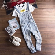 Mới của Hàn Quốc phiên bản của denim một mảnh treo nam chín quần những người yêu thích mô hình thiết kế nút quần quần của nam giới bib