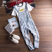 Mới của Hàn Quốc phiên bản của denim một mảnh treo nam chín quần những người yêu thích mô hình thiết kế nút quần quần của nam giới bib áo thun nike