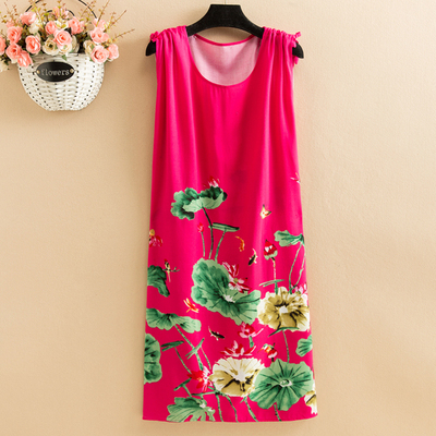 No.30Fat mm Big size pajamas female summer Nightdress poplin  Medium and long term easy Thin middle age female robe camisole Over the knee vest