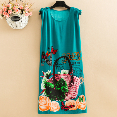 33Fat mm Big size pajamas female summer Nightdress poplin  Medium and long term easy Thin middle age female robe camisole Over the knee vest