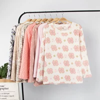 Mùa thu và mùa đông kích thước lớn san hô lông cừu flannel đồ ngủ của phụ nữ áo đơn mảnh dài tay vòng cổ áo thun dịch vụ nhà quần áo bộ thu đông nữ đẹp