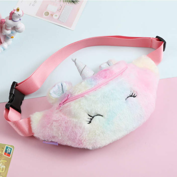 Pink Tie Dye Unicorntie-dyed Plush unicorn Pocket Pink girl One shoulder Inclined shoulder bag lovely Cartoon children student Chest pack Satchel