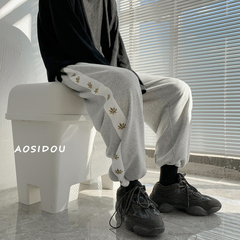 束腳運動褲男韓版潮流寬鬆休閒褲秋季潮牌楓葉印花九分褲