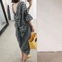 w 2018 mùa xuân và mùa hè mới Hàn Quốc phiên bản của nhỏ backless nhỏ v- cổ kẻ sọc tốt năm- điểm tay áo tie thiết kế trang phục thời trang trung niên nữ cao cấp 