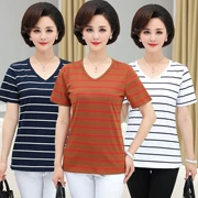 Phụ nữ trung niên của mùa hè áo sơ mi phụ nữ trung niên sọc ngắn tay bông t- shirt mẹ nạp bông áo sơ mi của phụ nữ