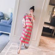 Thai sản mặc 2018 mùa hè mới vẻ đẹp trở lại màu sọc ruffle tay áo lỏng dài phụ nữ mang thai t- shirt váy han