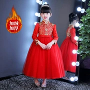 Mùa đông 2018 trẻ em mới Trung Quốc diện áo dài bé trai lớn cộng với váy sườn xám nhung bé gái trang phục đỏ