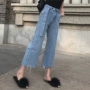 Hồng Kông hương vị chic Hàn Quốc thời trang cao eo slim jeans hoang dã ren đàn hồi eo màu rắn chân rộng chín quần triều quần jean nữ ngắn