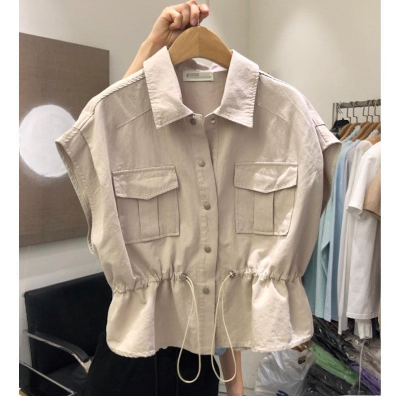 Apricotthe republic of korea Dongdaemun 2021 summer new pattern fashion Lapel Buckle Drawstring Close your waist Show thin Sleeveless Vest jacket female